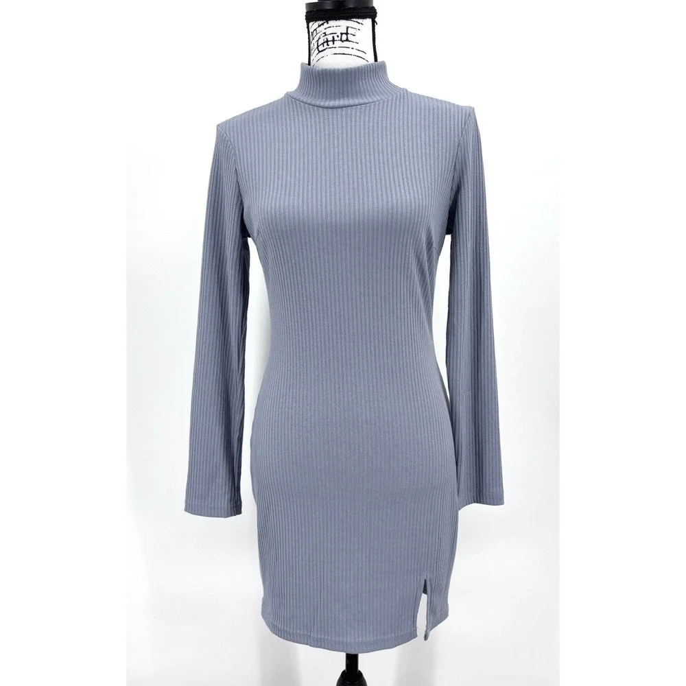 Hello Molly Mini Dress Size Small Blue Gray Ribbed Mock Turtleneck Bodycon NWT
